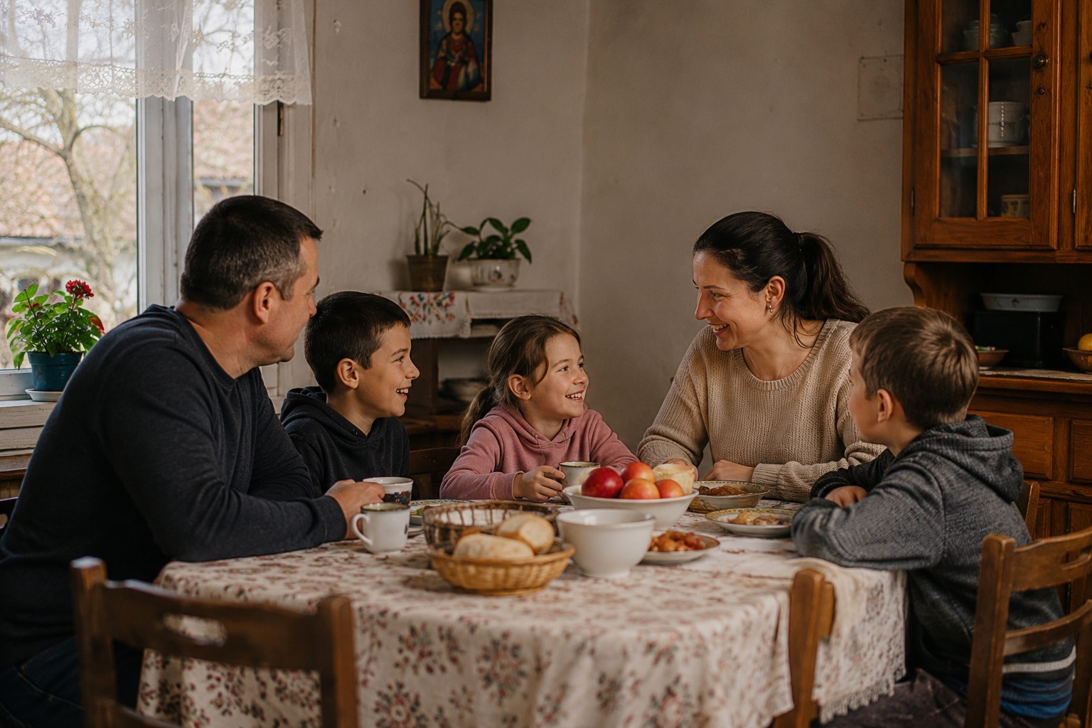 Familie sitzt gemeinsam am Esstisch