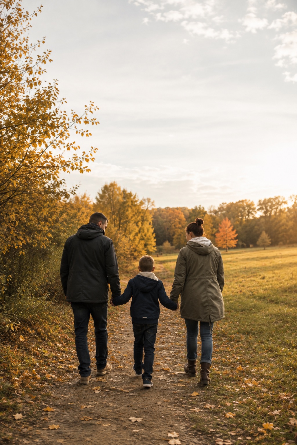 Familie hält Händchen beim Spaziergang durch einen herbstlichen Weg
